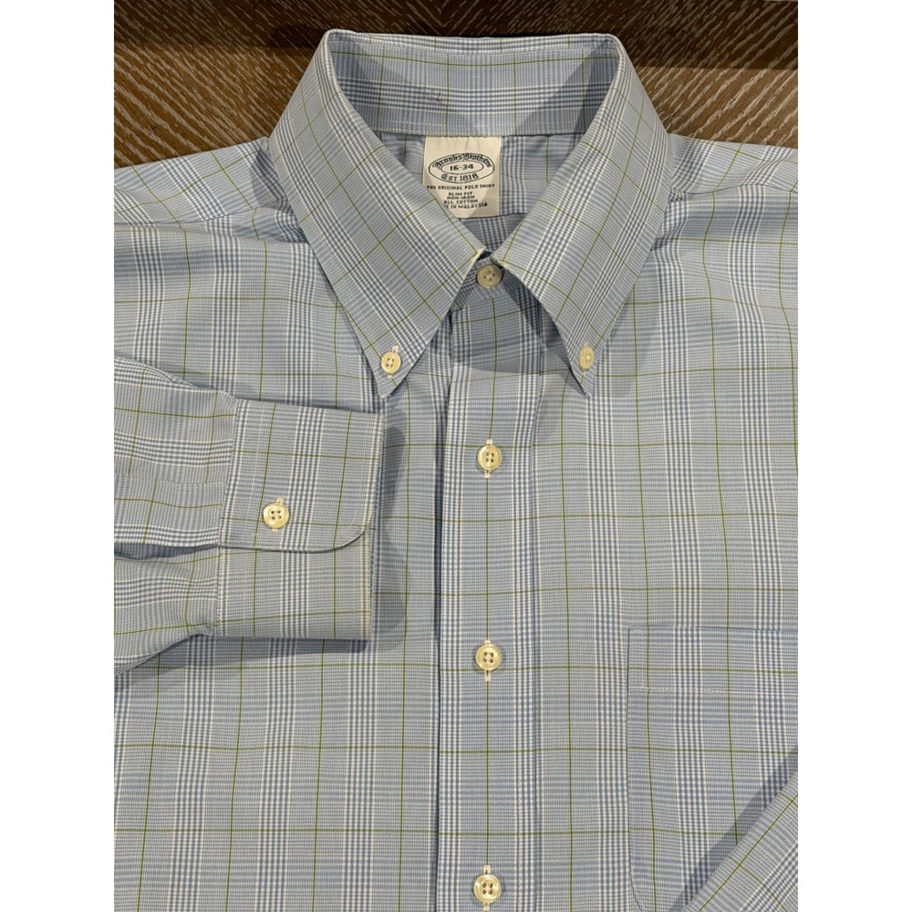 Brooks Brothers Slim Fit No-Iron Shirt 16-34 Blue Green Plaid Cotton Button Down